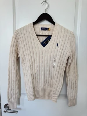 Women’s V-neck Size S/NWT Polo Ralph Lauren Cotton Cable Knit Sweater Cream - Image 1 of 4