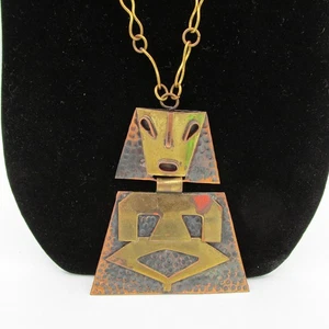 Casa Maya Aztec Mayan Tribal Mexico Brass Copper Necklace Pendant 24 in Vtg - Picture 1 of 14