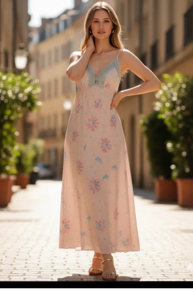 Camisón largo vintage con correa de espagueti Cheoette rosa con estampado floral de encaje Foto 1 de 4