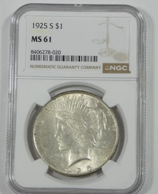 1925-S Peace Dollar CERTIFIED NGC MS 61 Silver Dollar - Image 1 of 4
