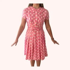 Vintage 50s Jonathan Logan Day Dress 4 6 Silk Taffeta Pink Polka Dot Pleats Bow - Picture 1 of 8