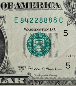 2017 A $1 bill fancy serial, trinary trailing quad 8s. E 84228888 C - Picture 1 of 3