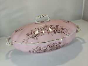 Brown Transferware Pink Covered Dish Staffordshire