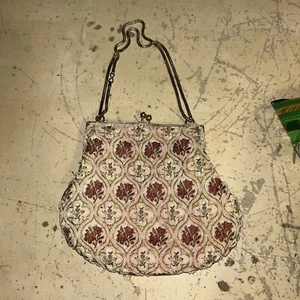 Antique Vintage France Seed Bead Floral Embroidery Brass Frame Evening Purse Bag - Picture 1 of 3
