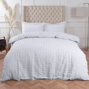 Highams Seersucker Duvet Cover with Pillowcase Bedding Set Silver White Charcoal - Picture 1 of 35