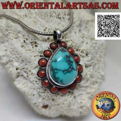 Ciondolo in argento 925‰ turchese tibetano a goccia e coralli antichi tondi (b) - Immagine 1 di 4