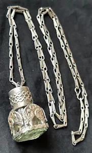 Antique Art Deco Glass Perfume Bottle Sterling Overlay Design 36” Chain Necklace - Picture 1 of 11