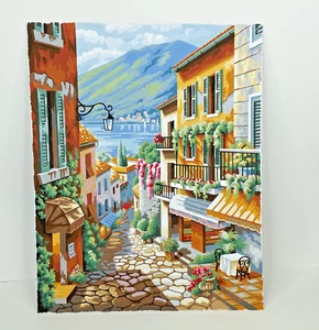 Completed Paint by Number Painting Restaurant Cafe Stone Street Sea Summer Homes - Picture 1 of 7