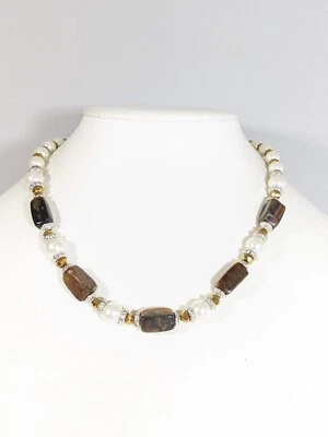 Colar de contas barra de pedra olho de tigre marrom pérola falsa tom prata 21 polegadas - Imagem 1 de 4