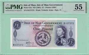 Isle of Man 1 Pound 1961 PMG 55 Sign. #1 Pick# 25a Queen Elizabeth II - Picture 1 of 2