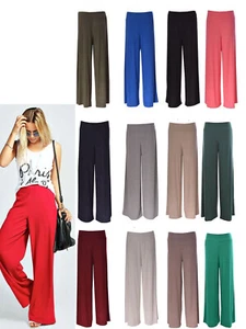 Ladies Womens Plain Palazzo Trousers Baggy Wide Leg Flared Pants 6-20 - Picture 1 of 22