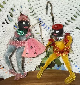 Chenille Figuren Pfeifenputzer Ornamente Vintage 2 Vintage schwarz gesponnen Baumwolle? - Bild 1 von 8