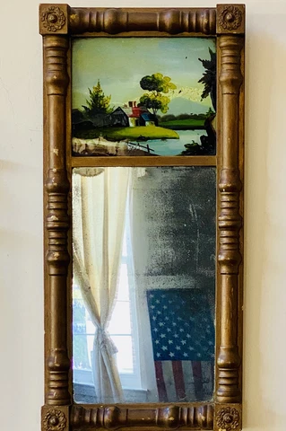 19th Century ca 1820 Gilt Tabernacle Federal Mirror Reverse Painted Glass Panel Cover