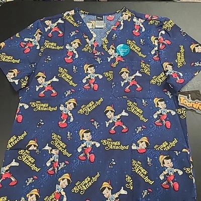 Pinocchio Cherokee Scrubs Disney Tooniforms Mens V Neck Large NEW - Image 1 of 4