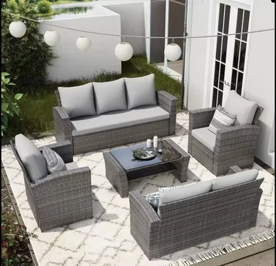 5-Piece Patio All Weather Wicker Outdoor Sofa with Cushions & Glass Table Set US - Image 1 of 4