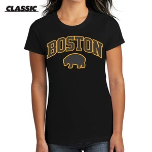 Boston Hockey Gold Block Arched Black Classic Ladies T-Shirt - Bruins NHL - Picture 1 of 3