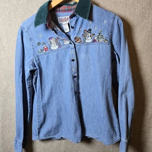 Vintage Bill Blass skurrile Weihnachten/Winter Denim Knopfleiste Damengröße M - Bild 1 von 12