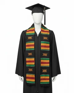 Black with Gold, Red, and Green Kente Graduation Stole with Stool Symbol - Picture 1 of 2