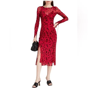 Diane Von Furstenberg Corinne Ruched Mesh Crimson Dress – Sz Small - Picture 1 of 12