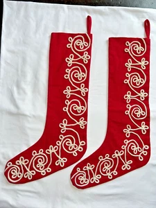Crate & Barrel Weihnachtsstrumpf rot creme Baumwolle Seil Kordelrolle 21" 2er Set - Bild 1 von 4