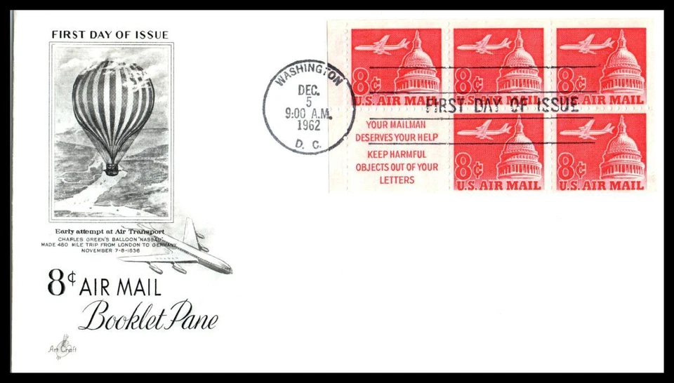 1962 AIRMAIL 8c carmine booklet pane Sc 64b Washington DC Artmaster cachet (08 - Image 1 of 1
