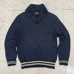 RRL Ralph Lauren Indaco Scialle Collare Maglione Maglia Pullover Varsity Cotone Blu M - Foto 1 di 7