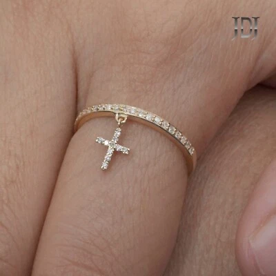 Solid 14k Yellow Gold Jewelry Genuine H/Si White Diamond Designer Cross Ring - Image 1 of 4