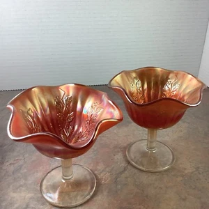 2 Pieces Vintage Rib & Holly Ribbed Holly Marigold Carnival Glass Small Compote - Picture 1 of 13