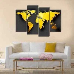 Modern Golden Polygonal World Map 4 Piece Panel Canvas Wall Art Photo Decor - Picture 1 of 1