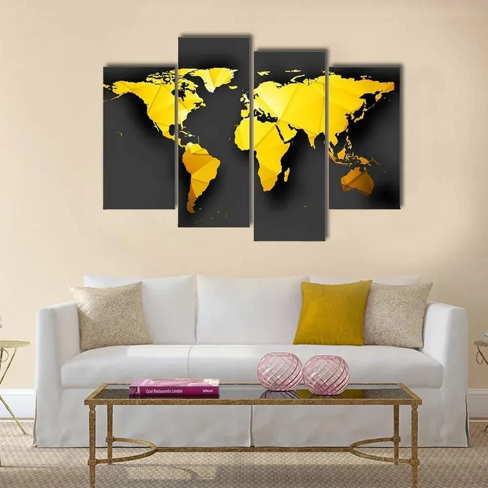Modern Golden Polygonal World Map 4 Piece Panel Canvas Wall Art Photo Decor - Image 1 of 1