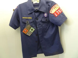 BOY SCOUT SHIRT Sz Youth Medium Dark Blue w/ Flag Patches 13 Webelo Pins - Picture 1 of 9