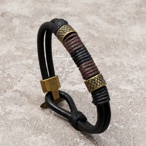 Surfer Real Leather Bracelet Mens Surf Wristband Braided Rope Bronze Buckle - Picture 1 of 6