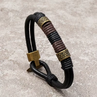 Surfer Real Leather Bracelet Mens Surf Wristband Braided Rope Bronze Buckle - Image 1 of 4