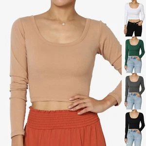 TheMogan Women's Basic Casual Scoop Neck Long Sleeve T-Shirt Slim Fit Crop Top - Picture 1 of 38