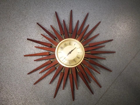 Vintage Mid Century Teak Sunburst Wall Clock Anstey & Wilson Cover