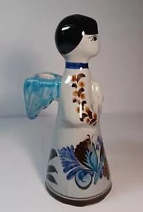 Vtg Signed Tonala Mexican Art Pottery Angel Candle Holder with Blue Bird - Picture 1 of 7
