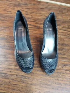 Stuart Weitzman Black Snakeskin Print Patent Leather Heels Shoes Women's 9.5 - Foto 1 di 9
