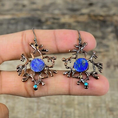 Lapis Lazuli Copper Gift For Sister Electroformed Drop/Dangle Earrings 2.05" - Image 1 of 4
