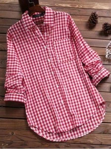 Womens Ladies Plus Size Long Sleeve Check Plaid Loose Casual Shirt Tops Blouse - Picture 1 of 7