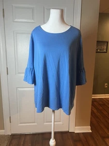 Top camicia J Jill XL blu tinta unita manica 3/4 volant cotone elasticizzato pesante - Foto 1 di 6
