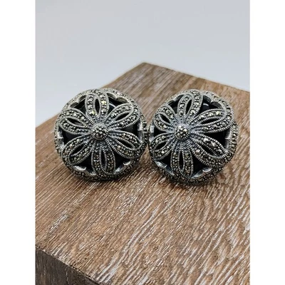 Vintage Judith Jack Marcasite, Onyx and Sterling 银色耳环 — 第 1/4 张图片