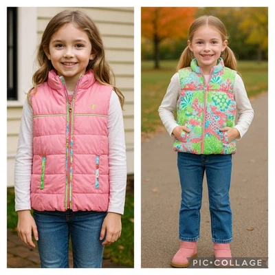 Chaleco acolchado reversible LILLY PULITZER para niñas a cuadros rosa gecko talla 7 Foto 1 de 4