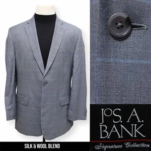JOS A BANK mens gray blue WINDOWPANE SILK + WOOL sport coat jacket blazer 44 L - Picture 1 of 16