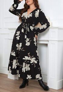 Plus Size White Tulip Print Flowy Black Maxi Dress
