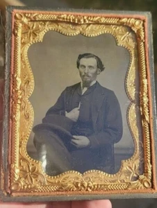 Vintage Tintype of man w/ braided hair and poems behind the split full case - Picture 1 of 4
