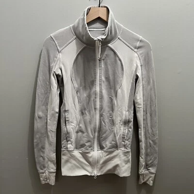 Chaqueta Lululemon Asana Cremallera Completa Talla 4 Blanco Gris Rayas Agujero para el Pulgar  Foto 1 de 4
