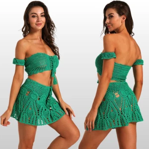  Women crochet sexy bikini set boho swimsuit Vest Short skirt Hollow Sunbathing - Picture 1 of 14