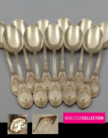 LAPPARRA ANTIQUE FRENCH STERLING SILVER VERMEIL MOKA/COFFEE SPOON SET 11p Empire Cover