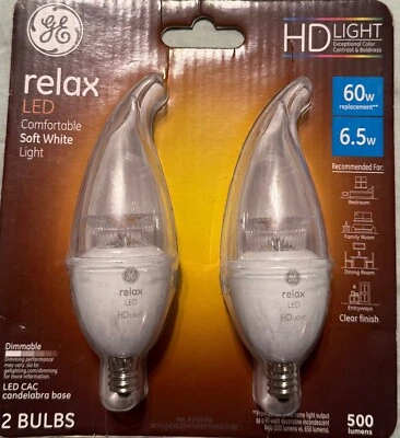 GE Soft White LED Relax HD Candelabra Base Bulbs 60W EQ 6.5W Dimmable 2 Bubs NEW - Image 1 of 2