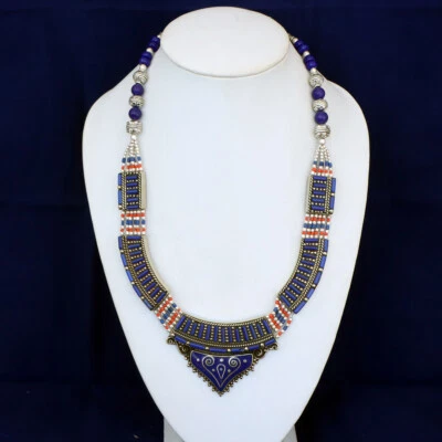 Joyería exclusiva tibetana hecha a mano étnica con cuentas coral lapislázuli azul natural tibetano Foto 1 de 4